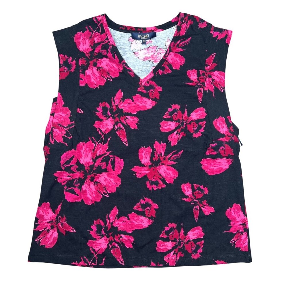 Rachel Roy Womens Sleeveless V-Neck Lightweight Black & Pink Floral Top Large